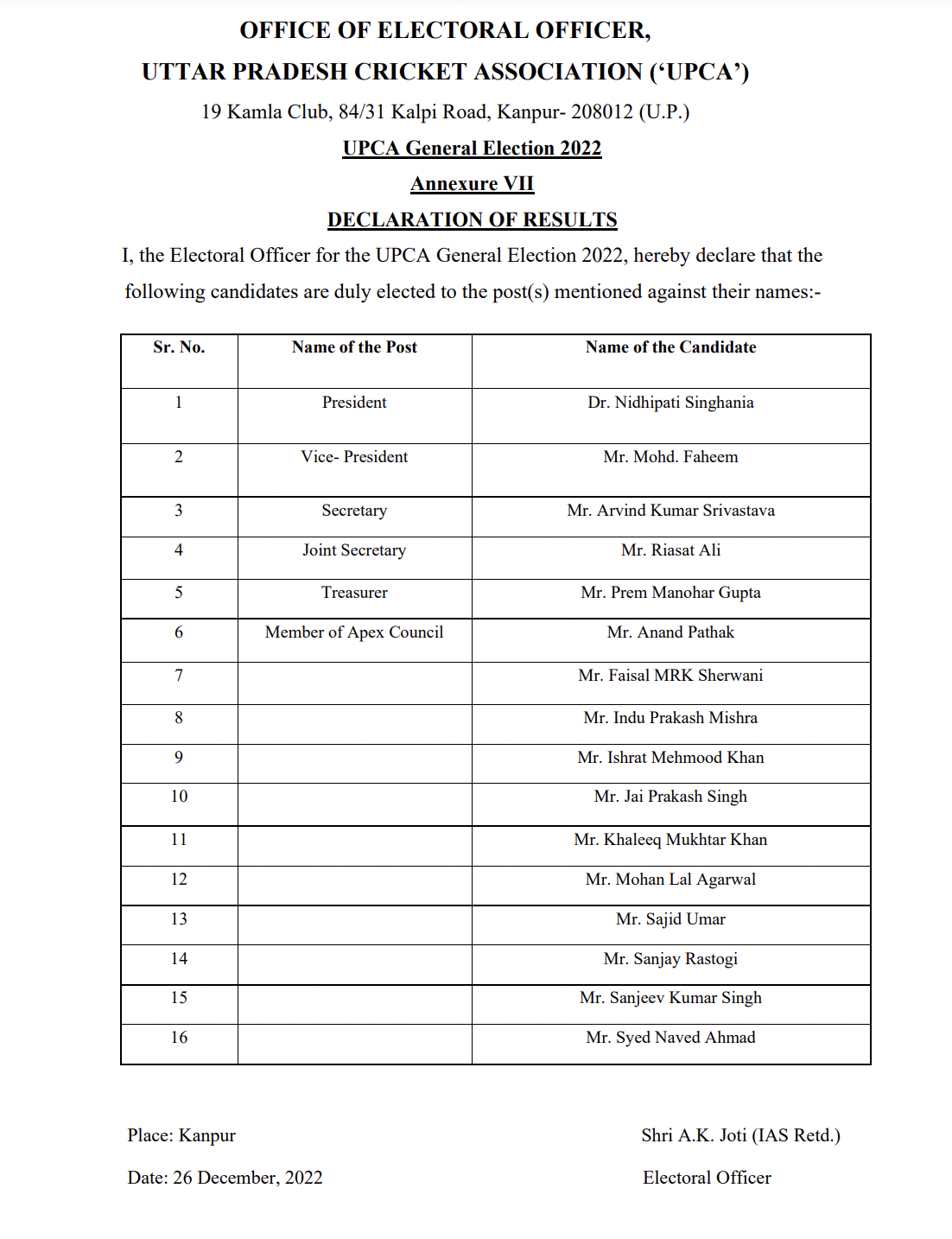 DECLARATION OF RESULTS – UPCA ELECTIONS 2022 – UPCA